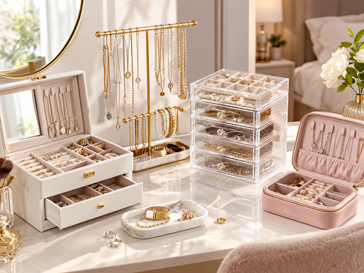 Jewelry organizer arranged on an elegant vanity